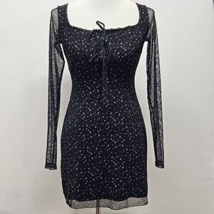 Suite Benedict Ditsy Floral Sheer Overlay Long Sleeve Mini Dress S Babydoll Y2K